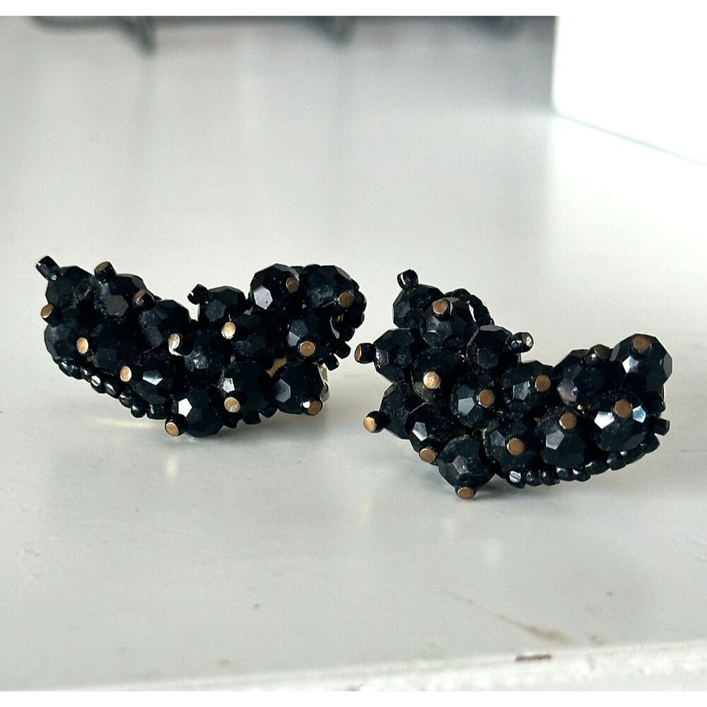 Vintage Signed Hobe Black Glass Beaded Cluster Clip On Earrings